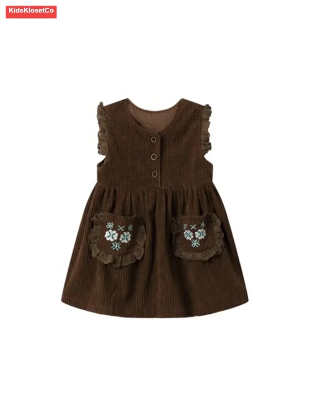 Girls Corduroy Jumper Dress with Embroidered Pockets Sleeveless